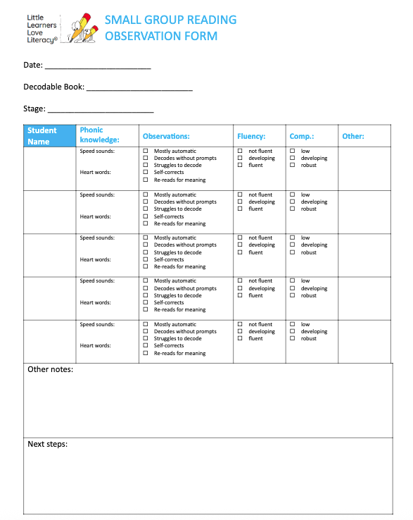Small group reading observation form
